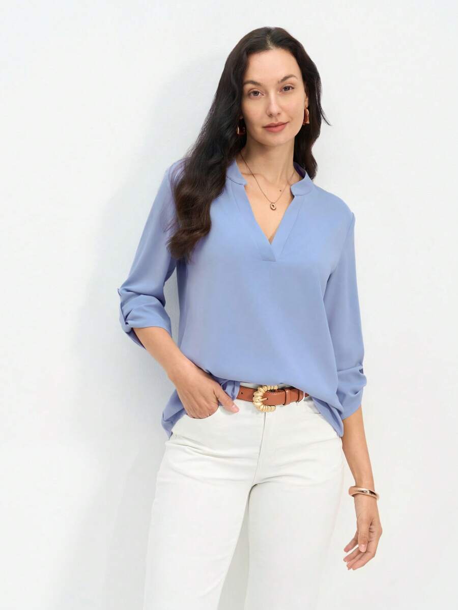 EMERY ROSE Women's Solid Color V-Neck Rolled Cuff Loose Casual Shirt, Spring Clothes - Blue - View 1