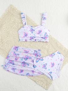 SHEIN 3pcs/Set Girls' Cute Butterfly Draped Bandeau Swimsuit Set (Random Print) - White - View 5