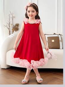 Young Girl Crystal Embellished Neck Contrast Color Ruffle Hem Red Summer Flower Girl Sleeveless Midi A-Line Cake Dress,Cute & Elegant Princess Party - Black - View 4