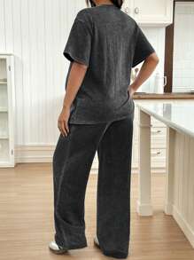 SHEIN Maternity Casual Round Neck Short Sleeve Top And Distressed Washed Relaxed Fit Straight Leg Pants Set - Black - View 2