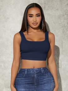 SHEIN SXY Women Square Neck Cropped Slim Fit Casual Tank Top Royal Blue Navy Blue Croptop - Navy Blue - View 3