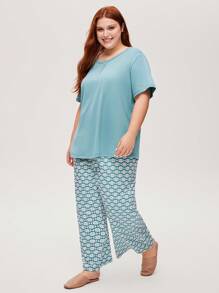 LUVLETTE Lsland StylePlus 柔软棉质蓝色度假短袖基本款亨利衫圆领上衣和印花裤家居服透气睡衣套装裤子带口袋女士内衣外套