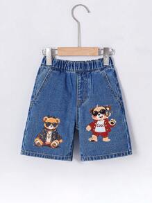 年轻男孩休闲舒适可爱卡通图案印花牛仔短裤，简约