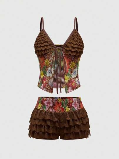 Hippie Y2K Vintage American Style Sexy Lace & Mesh Top With Ruffle Hem Shorts 2Pcs Outfit For Women