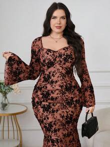 Modelyn Plus Size Elegant Bell Sleeve Lace Mermaid Dress For Spring/Summer - Brown - View 6