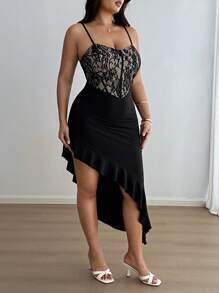 SHEIN Unity 1pc Women's Asymmetrical Hem Ruffled V-Neck Waisted Dress - Black - View 8