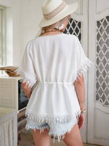 LanaWest Damen Boho Besticktes Blumenspitze Patchwork Vorderschleife Bluse - Weiss - Übersicht 2