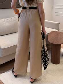 Chiquease Casual Versatile Solid Color Contrast Waist Band Wide Leg High Waist Women Pants Fall Cloth For Women - Khaki - View 2