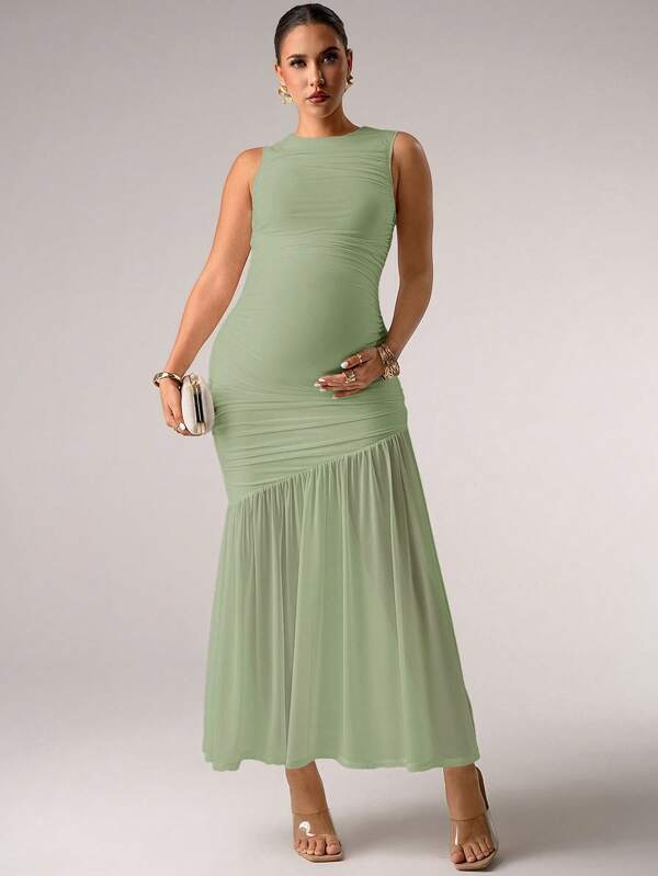 MaterniChic Elegant Solid Color Ruched Sleeveless Dress For Pregnant Women, Sheer Maternity Dress