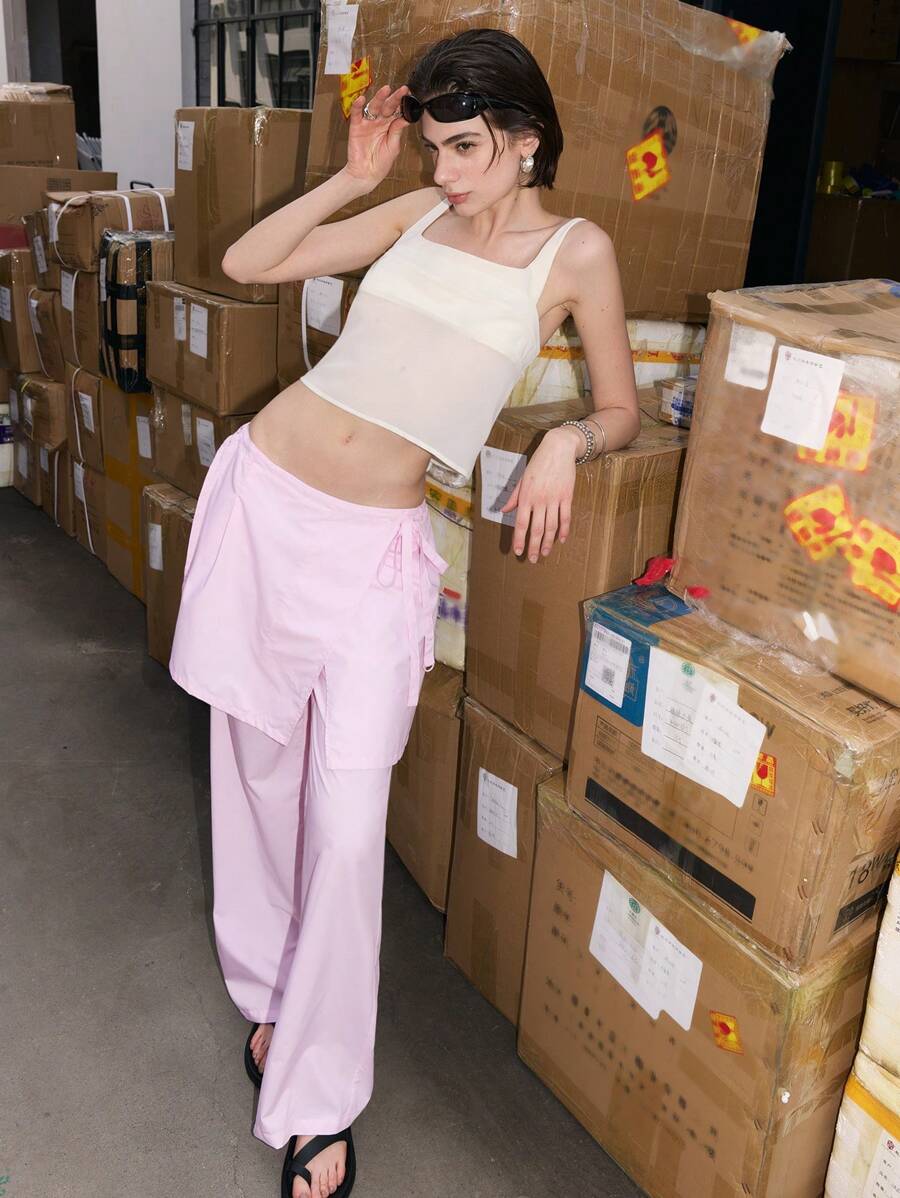 LYSMO Women's Pink Lace-Up Split Skirt Pants - Spring/Summer 2025 New Arrival