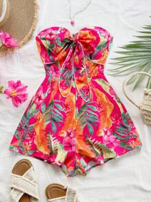 Soleia Bộ đồ liền thân rộng rãi không dây xoắn phía trước không có dây rút in họa tiết màu nước dành cho nữ khi đi nghỉ, thích hợp mặc đi biển, đi du ngoạn, lễ hội âm nhạc, trang phục mùa hè theo phong cách Boho - Nhiều màu - Xem 3