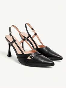 CUCCOO CHICEST Sapatos de salto alto estiletes de bico fino, formato de coração em prata, elegantes, sexy e versáteis para uso diário, clássicos em couro sintético preto, ideais para encontros, chá da tarde, festas e ocasiões formais - Preto - Visão 2
