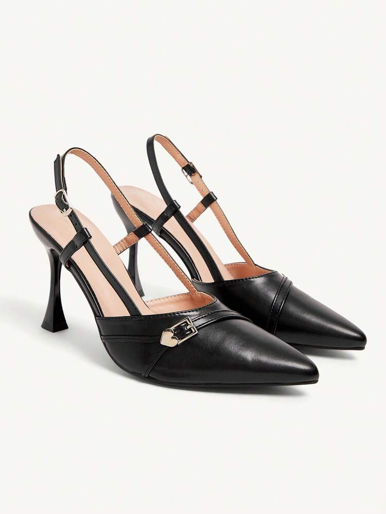 CUCCOO CHICEST Women Silver Heart-Shaped Buckle Pointed Toe Stilettos High Heels, Elegant Sexy Versatile Commuter Classic Black PU Dress Pumps For Dates, Afternoon Tea, Parties, Formal Occasions