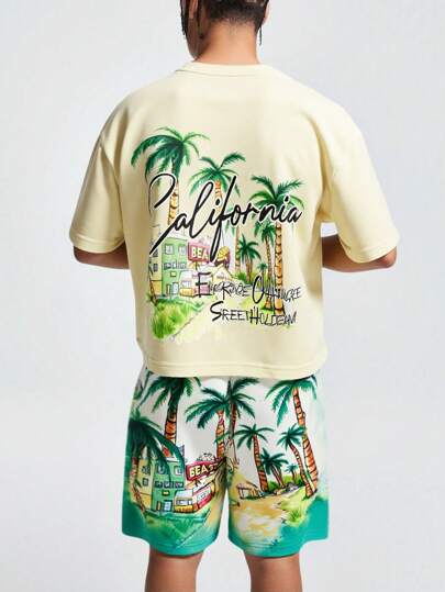 Street Life طقم تيشيرت رجالي بأكمام قصيرة وياقة مستديرة بسيط وعملي متعدد الوظائف