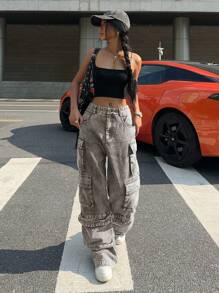 SHEIN EZwear 女士多口袋休闲宽松阔腿梭织裤，灰色 - 灰色 - 查看 5