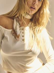 Aralina Snap Placket Asymmetrical Off Shoulder Button Up Ribbed Long Sleeve Top - Apricot - View 1