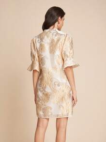 Amorya 夏季优雅提花女式V领荷叶边袖收腰A字短款连衣裙 - 彩色 - 查看 2