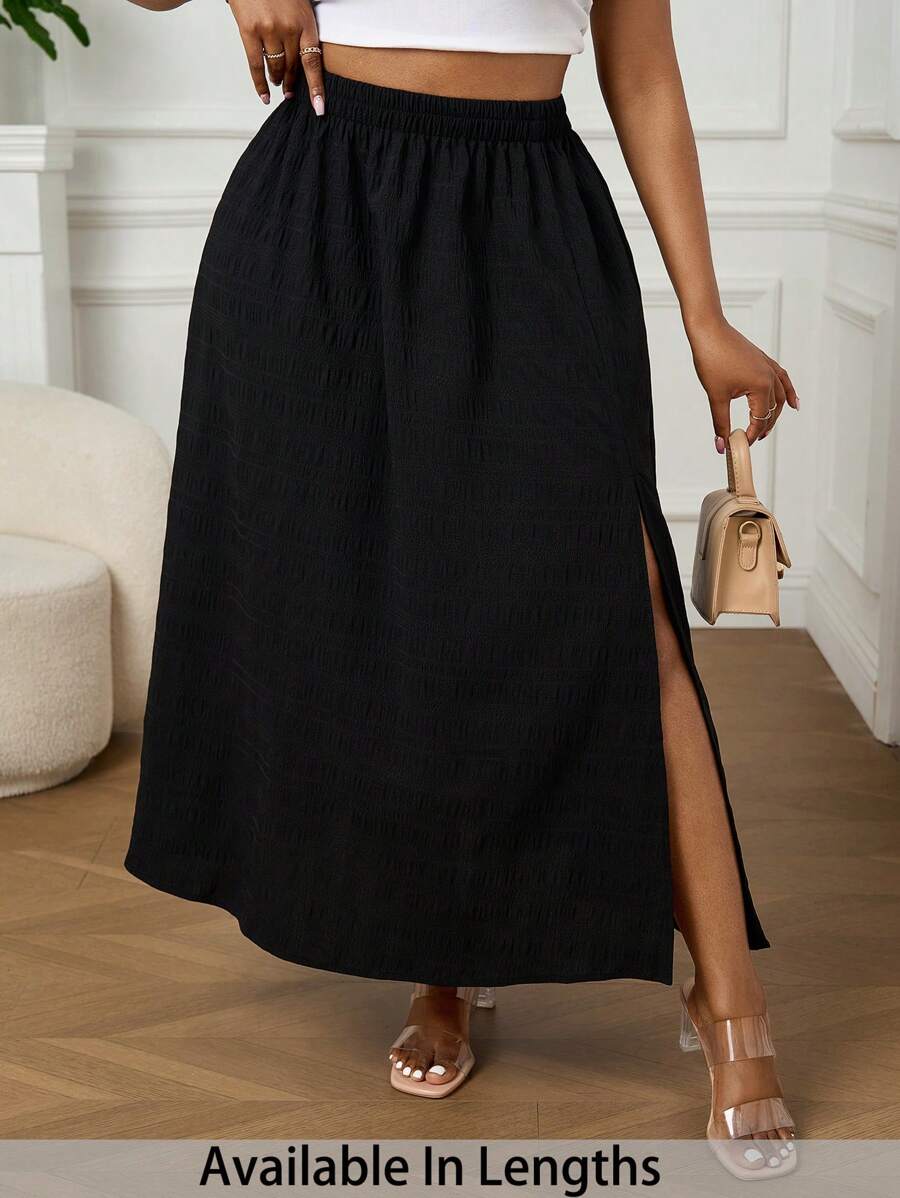 SHEIN PETITE CURVE 大码休闲纯色高开衩裙 - 黑色 - 查看 1