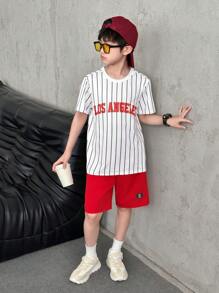 2pcs/Set Tween Boys White Letter Print T-Shirt & Loose Red Shorts Set - Multicolor - View 5