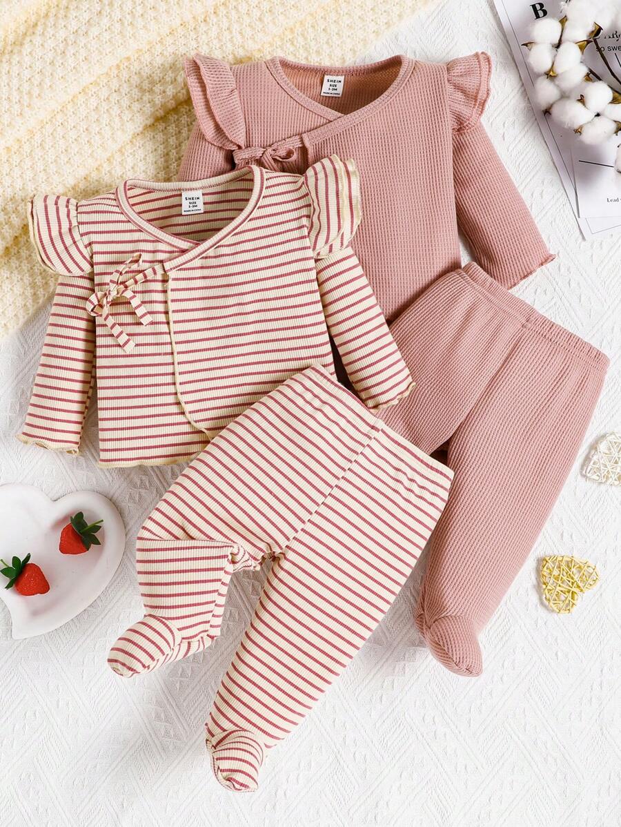 SHEIN 2 件装女婴西瓜粉色条纹纯色长袖连体衣连裤休闲家居服套装 - 西瓜粉 - 查看 1