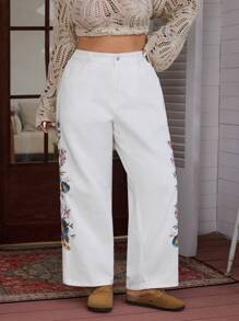 Breezaya Plus Size Women Non-Stretch Embroidered Elastic Waist Jeans - Khaki - View 5