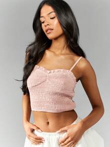 MISSGUIDED Ruched Smocked Cami Crop Top Adjustable Straps Summer Festival Beach Vacation Resort Casual Club Party Stretch Fitted Bustier Style Sleeveless Basic Essential - Baby Pink - View 1