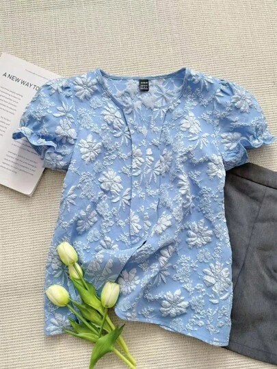SHEIN LUNE 蓝色优雅开领提花泡泡袖上衣衬衫，夏季欧洲复古风趣味衬衫可爱夏季上衣优雅休闲