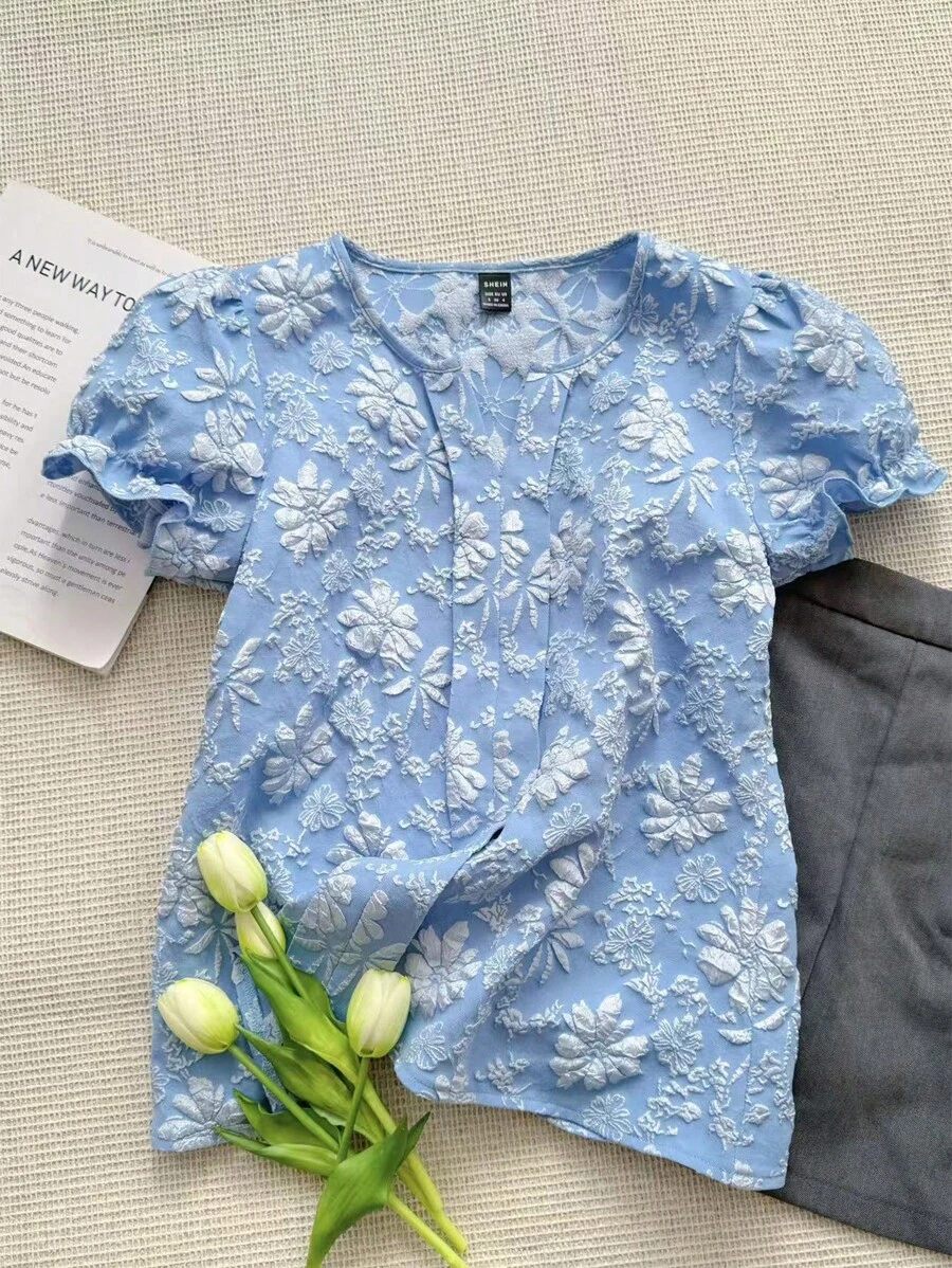 SHEIN LUNE 蓝色优雅开领提花泡泡袖上衣衬衫，夏季欧洲复古风趣味衬衫可爱夏季上衣优雅休闲 - 藍色 - 查看 1