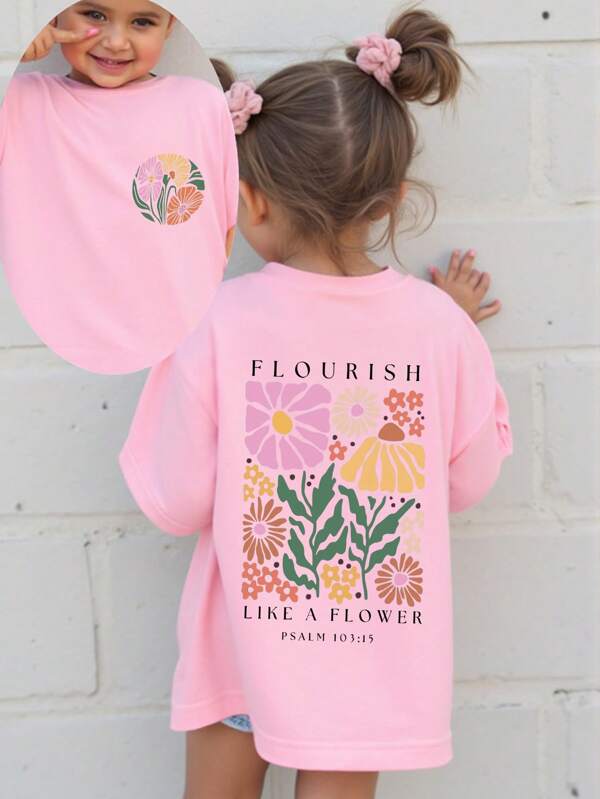 SHEIN GraphicGems Young Girl' Casual Fashion Comfort Retro Floral & Letter Graphic Short Sleeve T-Shirt, Spring/Summer