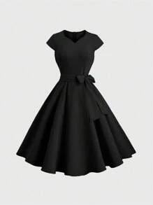 Flirla 大码女式系带蝴蝶结束腰连衣裙 - 黑色 - 查看 1