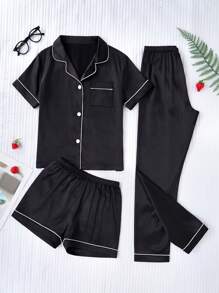 SHEIN 女童三件套睡衣套装，包括黑色简约多臂提花面料长裤、短裤和翻领短袖上衣，休闲睡衣 - 黑色 - 查看 4