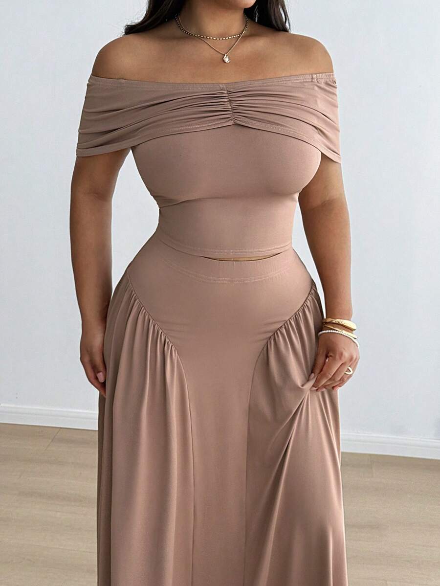 Celure Plus Size Women's Off Shoulder Ruched T-Shirt + A-Line Ruffle Midi Skirt 2 Pieces Set, Spring/Summer - Khaki - View 1