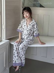 SHEIN Áo len cardigan cổ bẻ in hoa tay ngắn và quần dài Bộ đồ ngủ dệt thoải mái cho bé gái tuổi mới lớn - Bụi tím - Xem 4