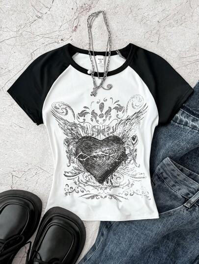 TEENGIRL Summer White Heart Print Academy Street Casual Grafisk T-shirt med rund hals