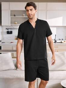 Men's Solid Color Short Sleeve Top And Shorts Pajama Set, Fashionable For Summer, Boyfriend Gifts - Black - View 3