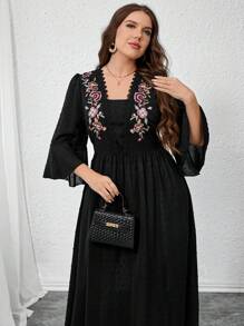 Modelyn Plus Size Women Floral Embroidery Bell Sleeve Elegant Dress,Flowy Dress Fall - Black - View 3