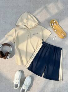 SHEIN Explorewe 2pcs Set Older Boys Casual Waffle Texture Hooded Half-Zip Short Sleeve T-Shirt And Elastic Waist Striped Shorts, Suitable For Daily Casual Wear, Outings And Gatherings, Spring/Summer - Apricot - View 8