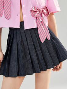 Aveloria GENKIRA Denim Effect Versatile Fashion Pleated Mini Skirt, Summer - Navy Blue - View 5