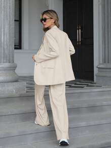 GENKIRA 2 件女式中长腰修身西装外套和喇叭裤套装 - 卡其色 - 查看 3