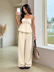 Comfortcana 2件套亚麻吊带背心和长裤套装，夏季 - 米色 - 查看 3