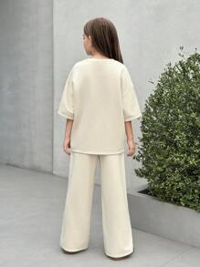 Firerie Kids Firerie Kids Nova Glow 2pcs Tween Girl Set: Casual Letter Print Loose Fit Crew Neck T-Shirt + Printed Pants - Beige - View 2