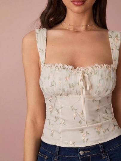 Enchnt 春夏女装优雅花卉刺绣领口蕾丝拼接背心，适合婚礼季、节假日、度假、甜蜜约会和毕业季、夏季女装、音乐会女装、复活节女装