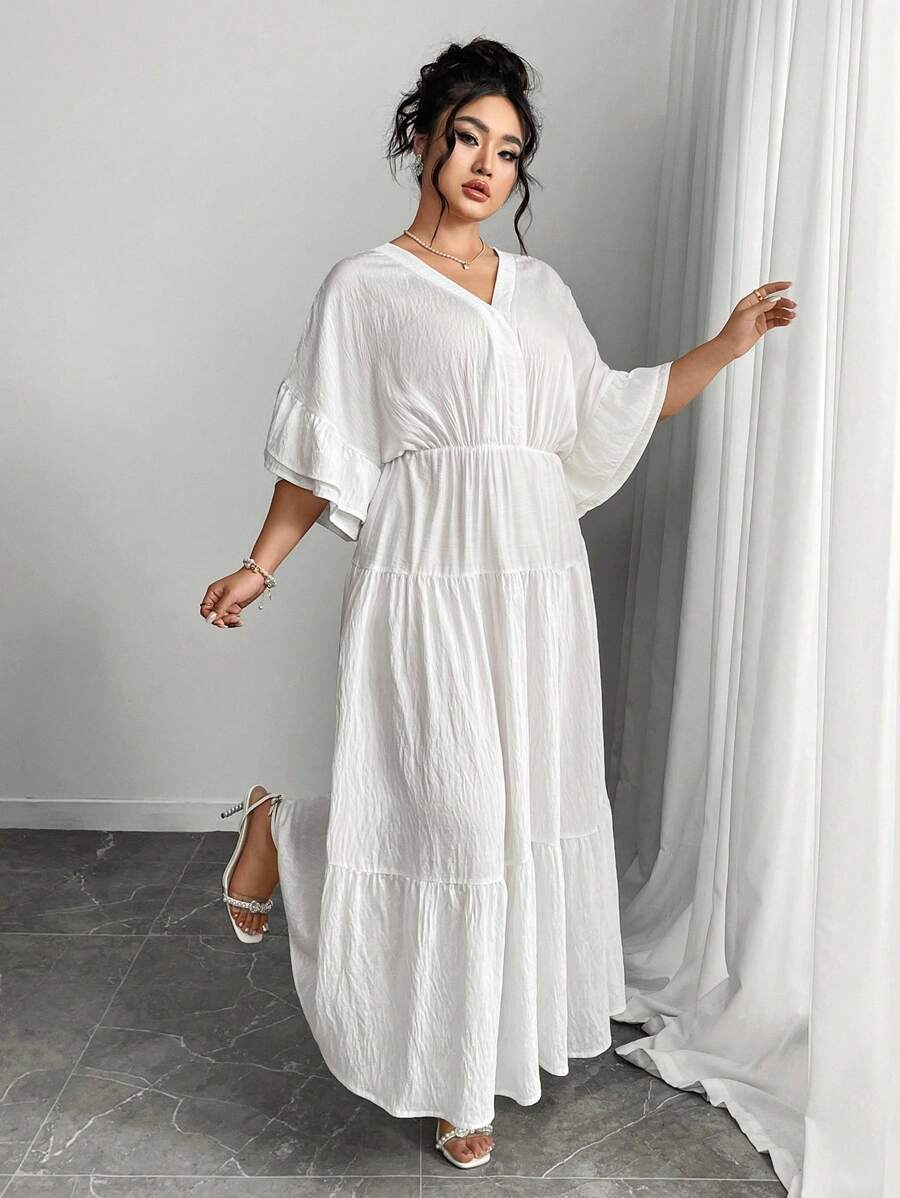 Modelyn Đầm tay ngắn cổ chữ V màu trơn cỡ lớn, đơn giản và thời trang, phù hợp cho mùa hè - Màu be - Xem 1