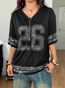 Coolane 女士夏季节日街头风 Y2K 钻石图案宽松 T 恤 - 黑色 - 查看 5