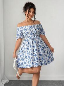 SHEIN Unity فستان قصير بكم قصير للسيدات ذوات الحجم الكبير مع طبعة أزهار باللونين الأزرق والأبيض وعقدة وردية مناسب للاجازات