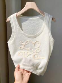 Comfortcana 女式字母刺绣设计无袖休闲针织上衣 - 米色 - 查看 6