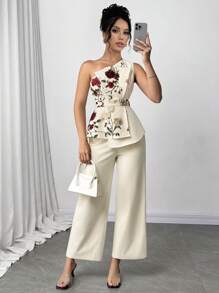 SHEIN Clasi 1 件女士不对称荷叶边腰长裤派对两件套 - 杏色 - 查看 4