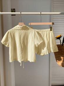 Comfortcana Completo da donna oversize in 2 pezzi: Camicia a maniche corte con scollo a V e nodo frontale in colore unito (con pantaloncini) per l'estate