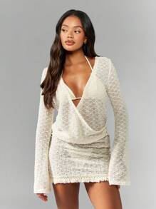 MISSGUIDED 波西米亚风针织裹身连衣裙，喇叭袖迷你派对珍珠串珠流苏婚礼宾客冬季假日特殊场合礼服 - 杏色 - 查看 4