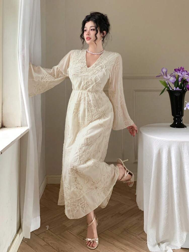 V-Neck Waist Cinched Lace Texture Vacation Beach Ditsy Floral Midi Dress For Women, Spring/Fall Long Sleeve Dress